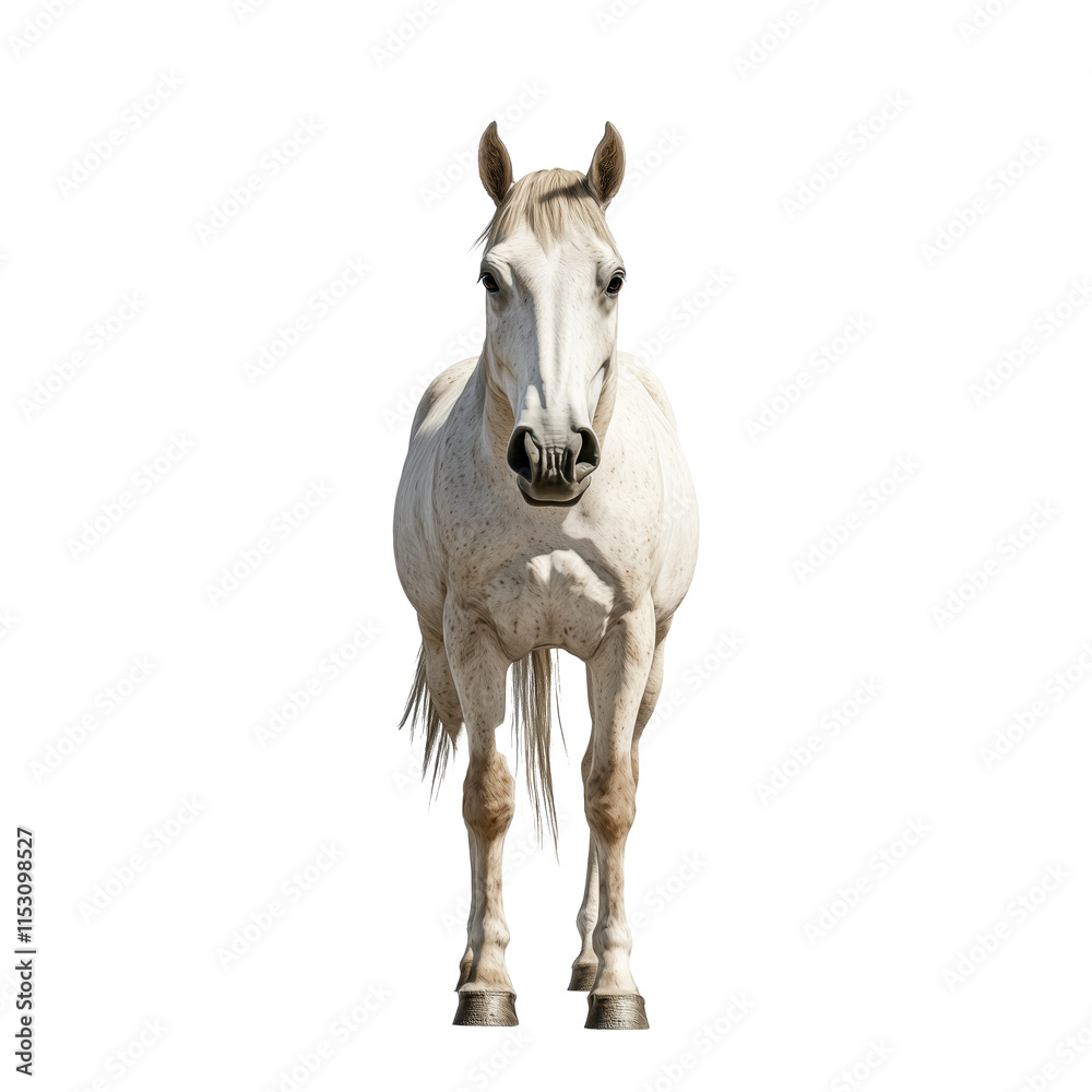 Fototapeta premium Front view of a grey horse with a speckled coat, standing gracefully. The horse is isolated on a transparent background, showcasing its symmetrical build and serene expression, ideal for farm