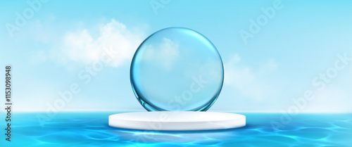 Water themed podium display with transparent crystal sphere behind white platform. Ocean or sea background with blue waves, fluffy clouds and aqua sky for cosmetic, spa or marine products presentation