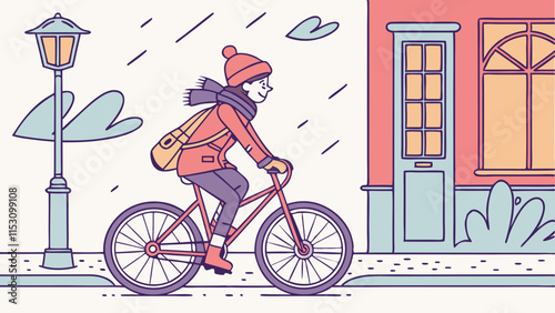 Cute young woman dressed in outerwear riding bicycle in winter. Girl cycling along snowy city street in cold weather. Seasonal outdoor activity. Colorful vector illustration in flat cartoon style.