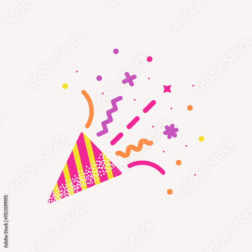 Bright colorful party popper with explosion confetti made of multi-colored lines, stars, dots, confetti on a light background, flat style, drawing