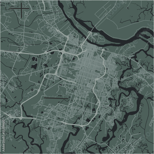 Map of Savannah in Georgia in a smooth dark style. Contains layered vector with roads water, parks, etc.