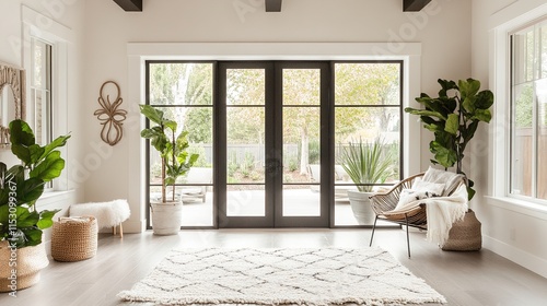 Bright Living Room Entrance with Glass Doors, Indoor Plants, and Minimalist Decor photo