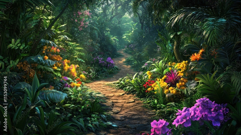 Lush Tropical Paradise: A Sunlit Jungle Path Lush Tropical Paradise: A Sunlit Jungle Path