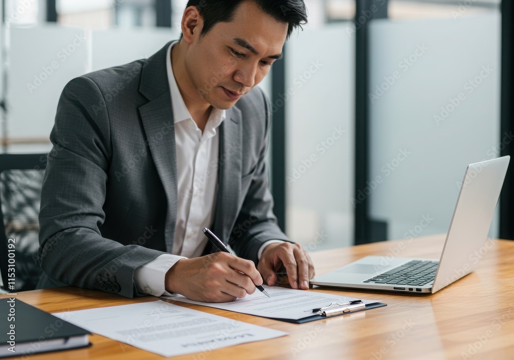 Business Professional Signing Document at Office Desk with Laptop Business Professional Signing Document at Office Desk with Laptop
