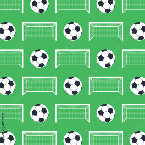 Soccer ball and goal seamless pattern on green background. Vector illustration.