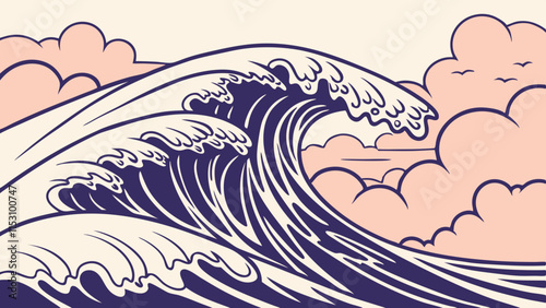 Close up of a wave breaking with clouds in the sky and a hint of the colors of a sunset