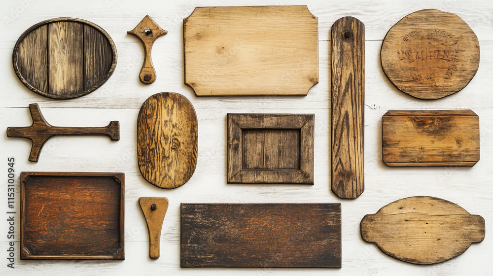 Naklejka premium Old sign boards from light and brown wood, road pointers on pole, hanging oval planks on chain and rope. Wooden signboards isolated on white background, vector cartoon set