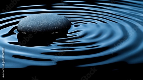 Dark blue water with concentric ripples and a smooth, dark grey stone floating in the center.