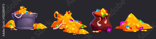 Treasure pile collection for game design - glowing gold heaps with colorful gemstones, pearl necklaces, royal crowns in medieval pouch and pot. Fantasy loot assets for adventure RPG interfaces.