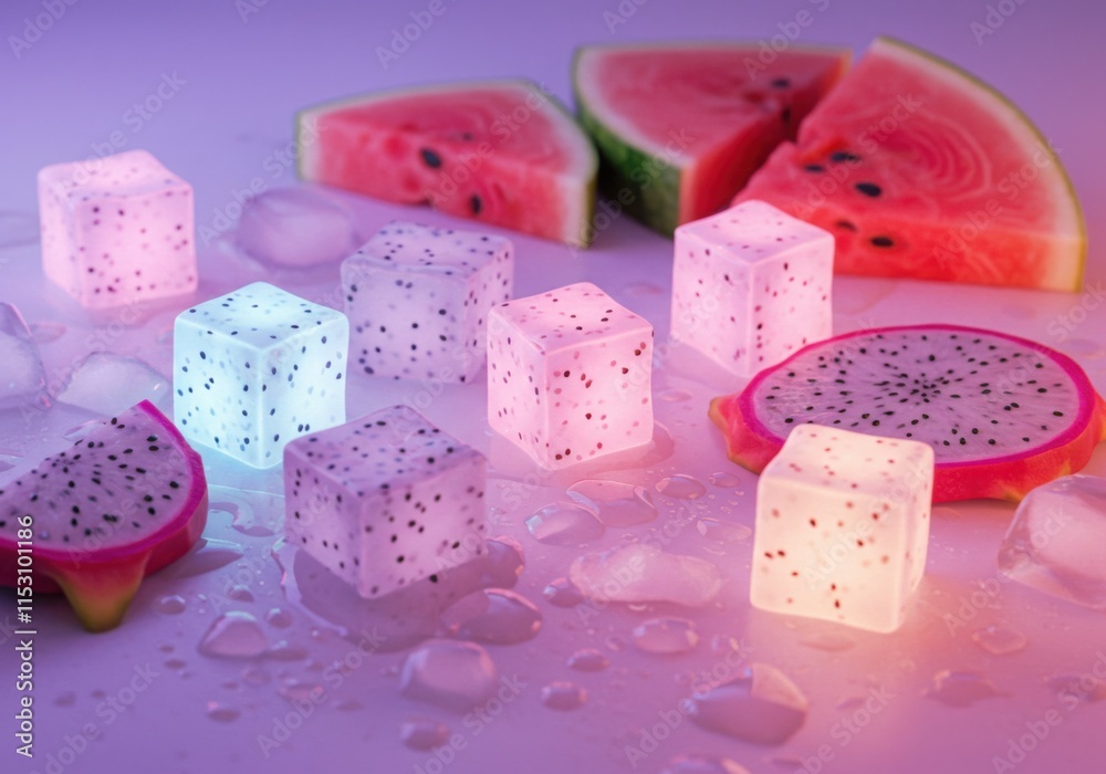 A background of various tropical fruits and ice cubes arranged. The ice cubes are transparent and blue in color and are scattered around the fruits and arranged in a pyramid shape. A background of various tropical fruits and ice cubes arranged. The ice cubes are transparent and blue in color and are scattered around the fruits and arranged in a pyramid shape.
