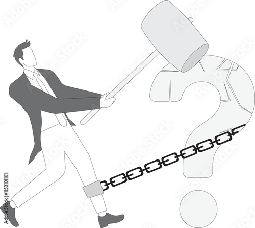 Problem solving concept vector illustration, Debt burden, financial obligation or loan payment, solving mortgage or money loan problems, businessman trying to destroy the burden with a big hammer