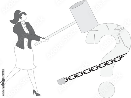 Problem solving concept vector illustration, Debt burden, financial obligation or loan payment, solving mortgage or money loan problems, businesswoman trying to destroy the burden with a big hammer