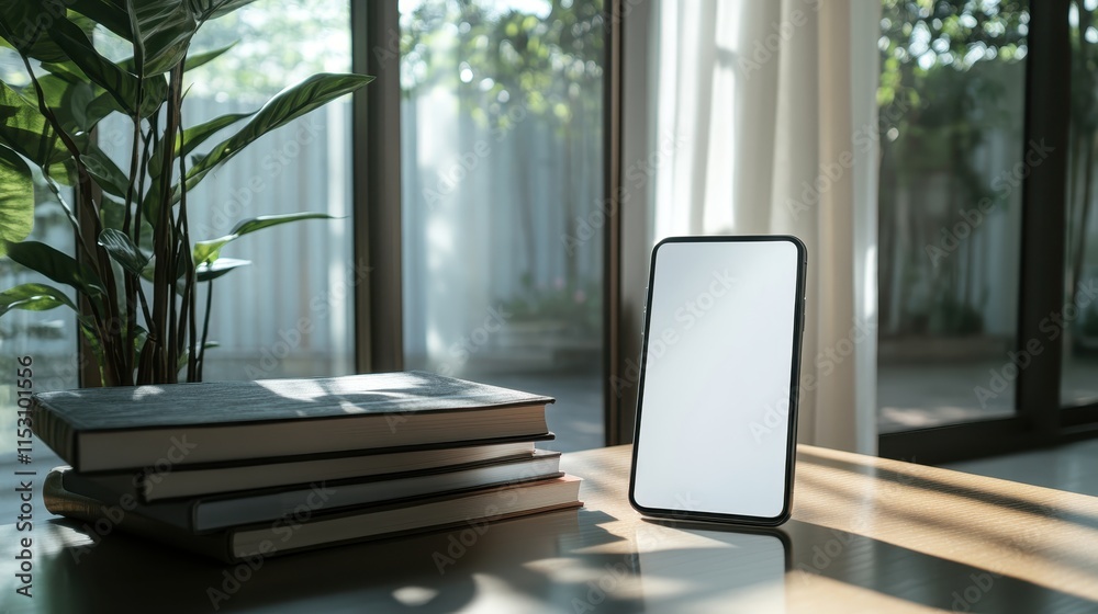 Fototapeta premium Peaceful Home Office Setup: Smartphone Mockup with Books and Plant near Window