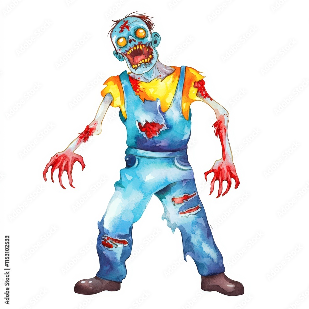 A colorful illustration of a cartoon zombie with exaggerated features, torn clothes, and glowing eyes, perfect for Halloween-themed projects, party invitations, or graphic designs, A colorful illustration of a cartoon zombie with exaggerated features, torn clothes, and glowing eyes, perfect for Halloween-themed projects, party invitations, or graphic designs,