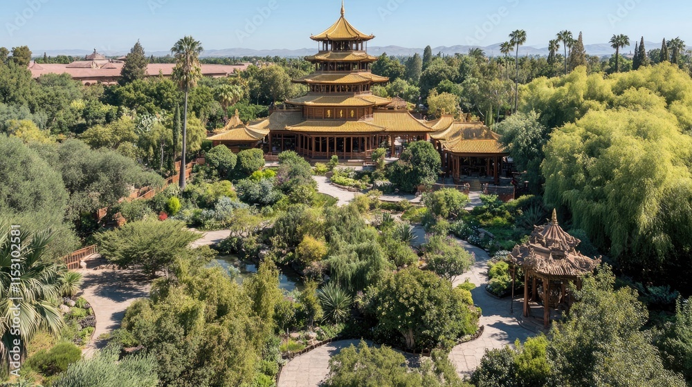 A serene garden featuring a traditional pagoda surrounded by lush greenery and pathways. A serene garden featuring a traditional pagoda surrounded by lush greenery and pathways.