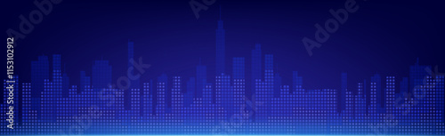 Abstract tech city skyline composed of digital pixels and squares in deep blue gradient shades. Metropolitan silhouette with skyscrapers and modern buildings for technology presentation background.