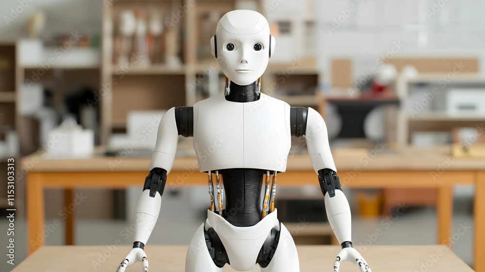 Modern Humanoid Robot in Workshop Setting Modern Humanoid Robot in Workshop Setting