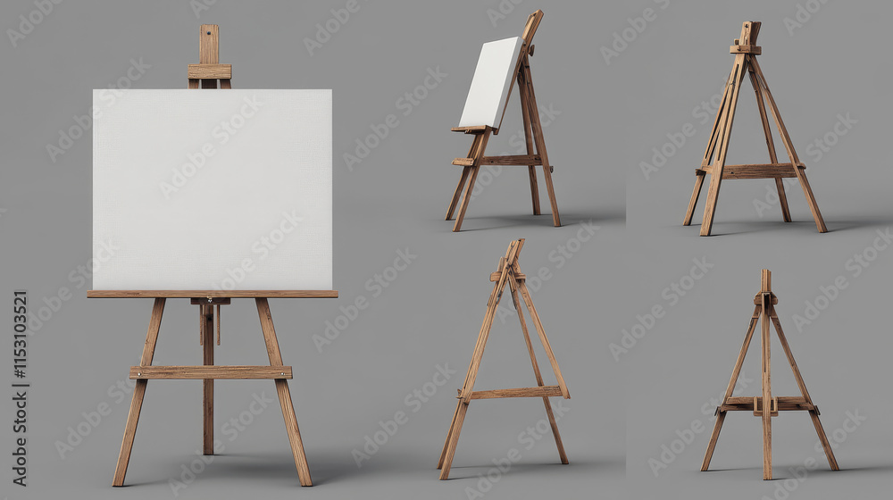 Brown wooden easel empty and with white blank canvas in different angles of view. Realistic 3d vector illustration set of artist equipment mockup. Painter board or frame on wood tripod stand. Brown wooden easel empty and with white blank canvas in different angles of view. Realistic 3d vector illustration set of artist equipment mockup. Painter board or frame on wood tripod stand.