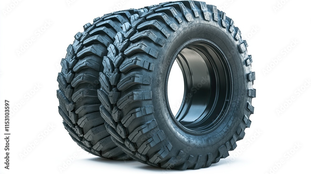 A heavy-duty industrial tire, highlighting its thick tread and durability, placed on white for emphasis. A heavy-duty industrial tire, highlighting its thick tread and durability, placed on white for emphasis.