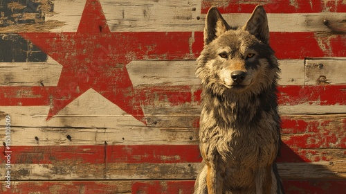 A wolf stands in front of a rustic, weathered wall featuring a star emblem. photo