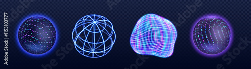 3d neon tech sphere collection with glowing effects - futuristic dotted orb, geometric wireframe globe, distorted grid shape and luminous digital ball. elements for sci-fi and modern cyberpunk design.