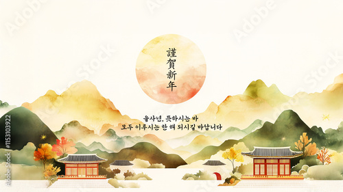 2025,Seollal, Korean Traditional Sunrise background, with a beautiful elegant vintage mountainous landscape in a traditional oriental style, for the Asian Mid Autumn festival, Lunar New Year