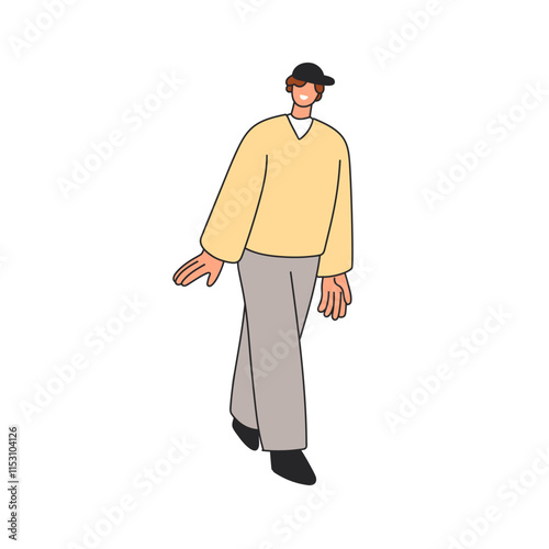 Young man walking outdoors. Happy male character with joyful smile, going in baseball cap. Excited glad positive guy strolling on street. Flat vector illustration isolated on white background