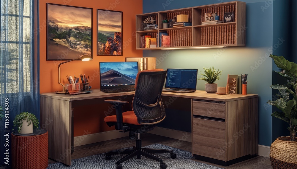 Fototapeta premium Modern Home Office Setup with Ergonomic Chair and Dual Monitors, Featuring Warm Lighting and Nature-Inspired Decor