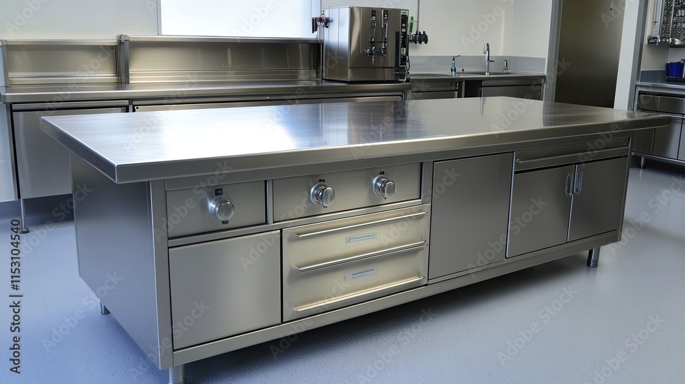 A large workbench with a stainless-steel surface, positioned in a sterile, laboratory-like setting.