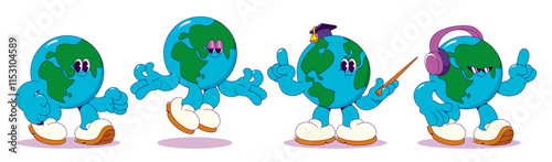 Groovy earth characters set isolated on white background. Contemporary vector cartoon illustration of y2k globes with smiling faces walking, jumping, wearing earphones and academic hat, school mascots