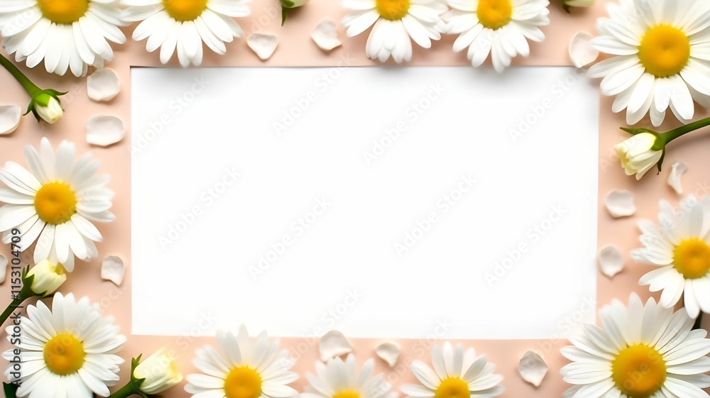 Banner of daisy petals and flowers on white background Banner of daisy petals and flowers on white background