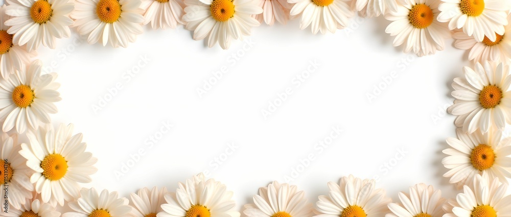 Banner of daisy petals and flowers on white background Banner of daisy petals and flowers on white background