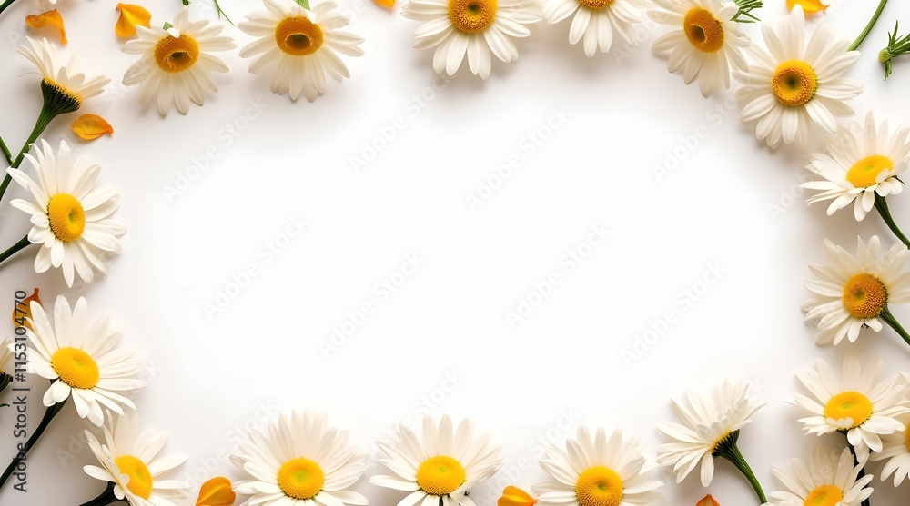 Banner of daisy petals and flowers on white background Banner of daisy petals and flowers on white background
