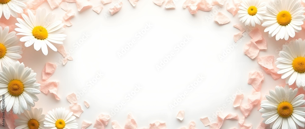 Banner of daisy petals and flowers on white background Banner of daisy petals and flowers on white background