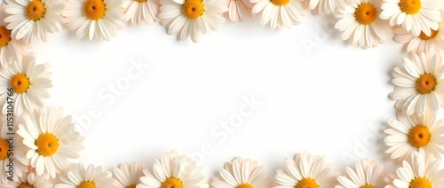 Banner of daisy petals and flowers on white background