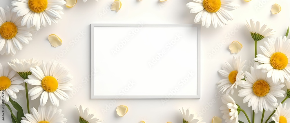 Banner of daisy petals and flowers on white background Banner of daisy petals and flowers on white background