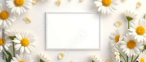 Banner of daisy petals and flowers on white background