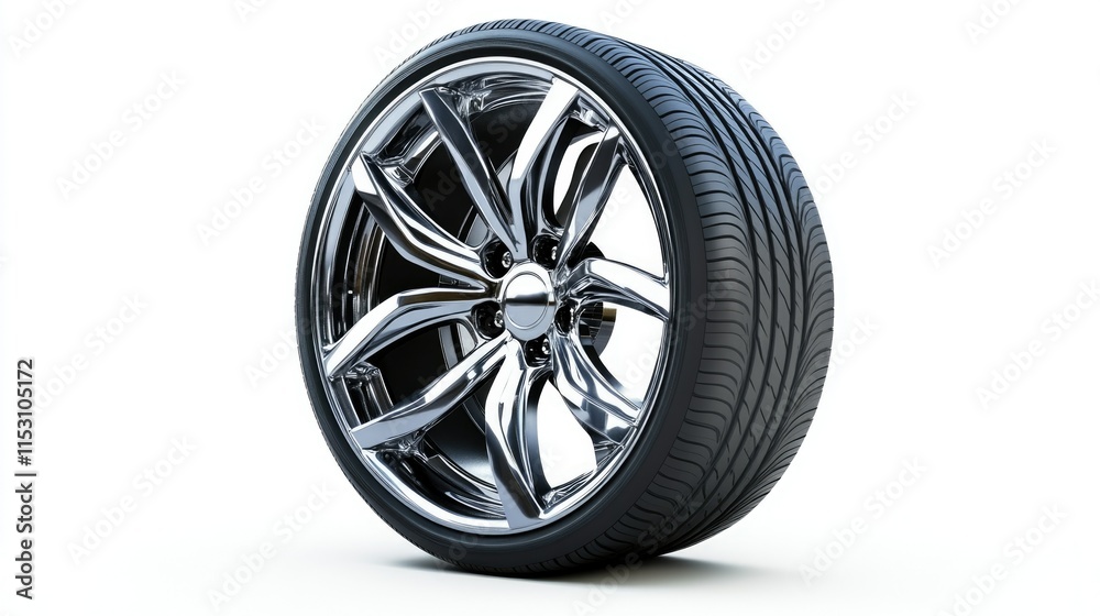 Fototapeta premium A minimalist layout of a single tire with a glossy metallic rim, isolated for maximum visual impact.