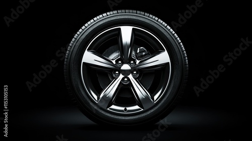 A minimalist layout of a single tire with a glossy metallic rim, isolated for maximum visual impact.