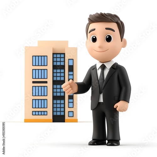 Cartoon Character in Suit with Building Background for Business Themes photo