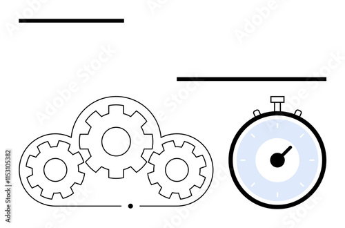 Gears within a cloud next to a stopwatch. Ideal for productivity, efficiency, cloud computing, time management, technology synchronization, workflow optimization, and innovation. Line metaphor