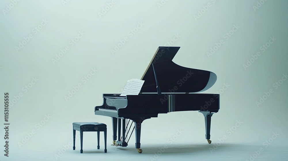 A minimalist music space showcasing a grand piano, a music stand, and sheet music on a clean backdrop. A minimalist music space showcasing a grand piano, a music stand, and sheet music on a clean backdrop.