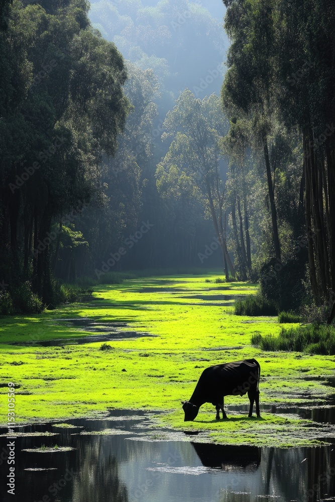 Fototapeta premium A serene landscape featuring a cow grazing by a tranquil, green river surrounded by trees.