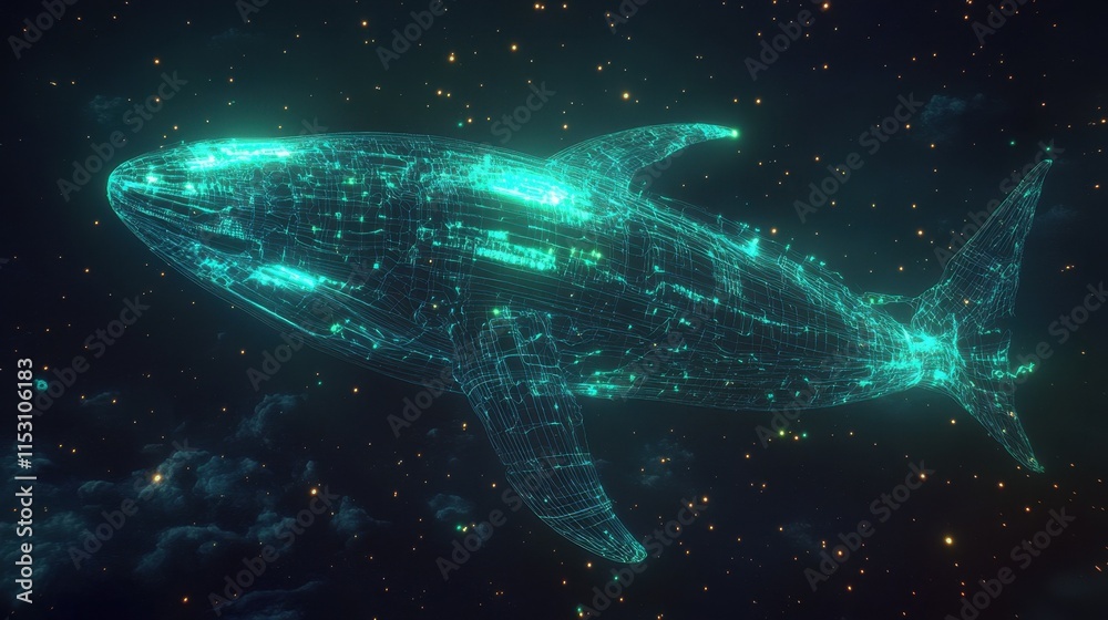 Fototapeta premium A futuristic wireframe whale, designed as a massive sound wave shape, glowing with electric blue and green highlights, surrounded by tiny stars in a dark space.