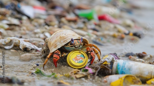 A hermit crab using a bottle cap as a shell, climbing over a beach filled with rubbish like food wrappers and tin cans. photo