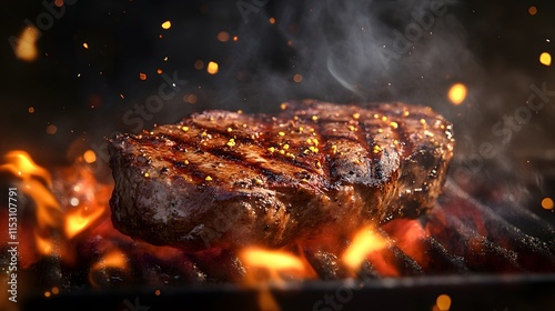 Grilled meat on the barbecue with flames and smoke photo