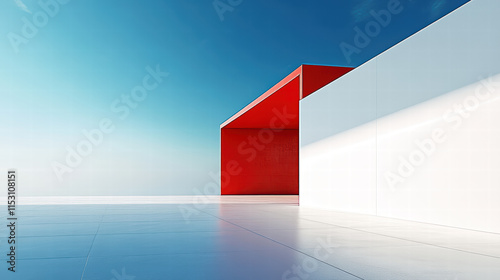 Red and white minimalist architecture with a blue sky background