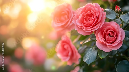 Dawn Sky Violet Pink Golden Evening Clouds and Flowers Scene with Sunlight.