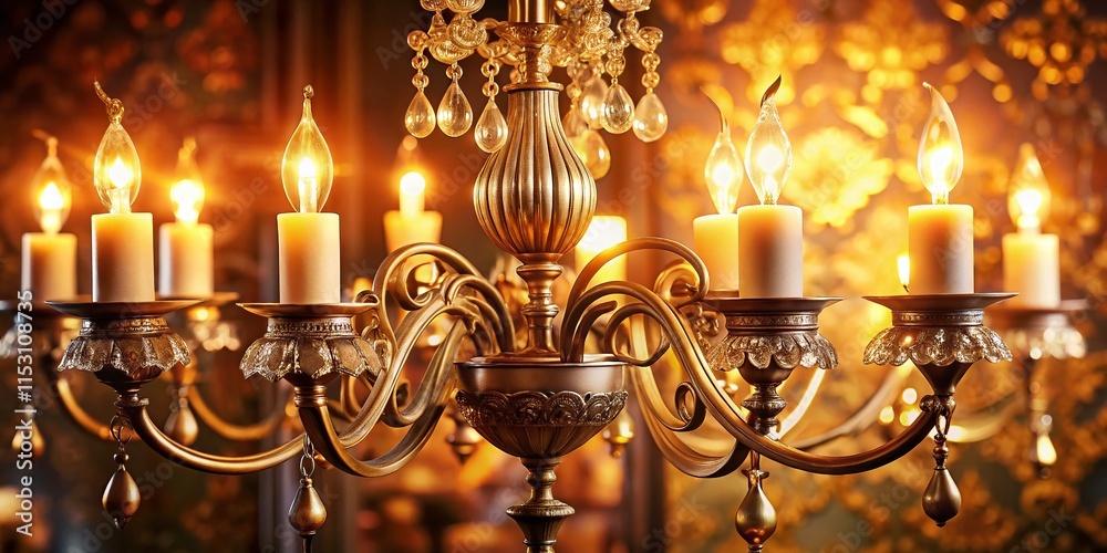 Elegant Glowing Candle Chandelier, Warm Background, Luxury Home Decor, Interior Design Stock Photo Elegant Glowing Candle Chandelier, Warm Background, Luxury Home Decor, Interior Design Stock Photo