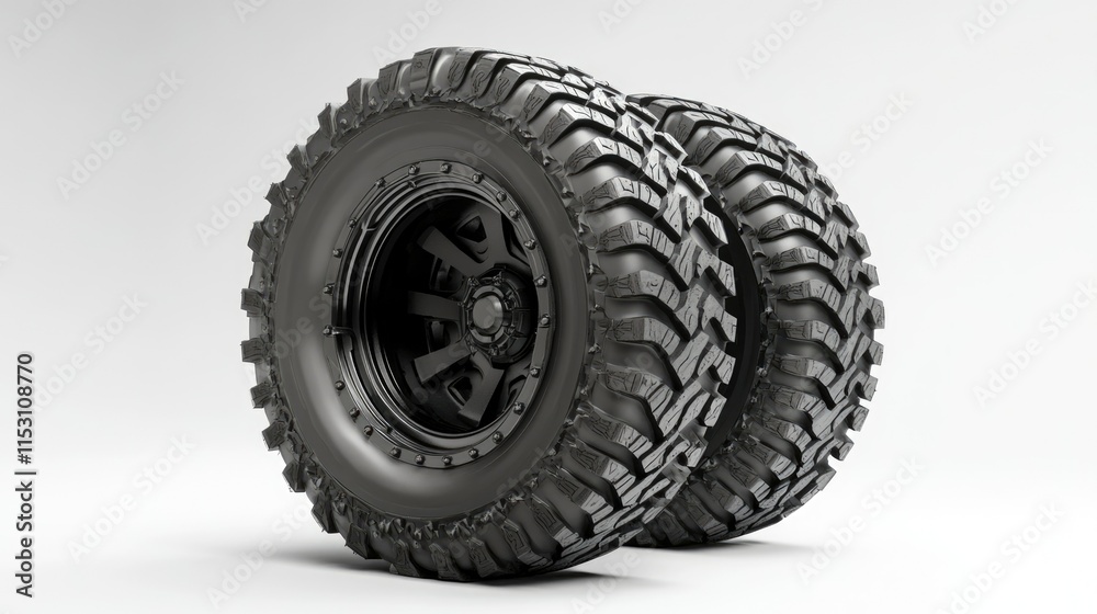 A rugged truck tire with bold tread design, resting on a clean white surface for clarity. A rugged truck tire with bold tread design, resting on a clean white surface for clarity.